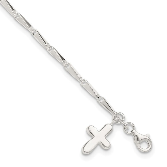 925 Sterling Silver 10 in Solid Cross Charm on Fancy Link Fine Jewelry Anklet - Picture 1 of 7